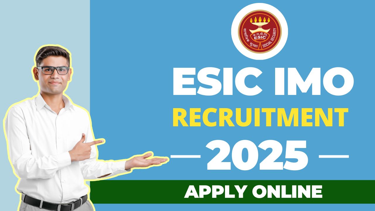 ESIC IMO Recruitment 2024 notification with 608 vacancies displayed on a laptop screen, with application documents and a stethoscope on a desk.